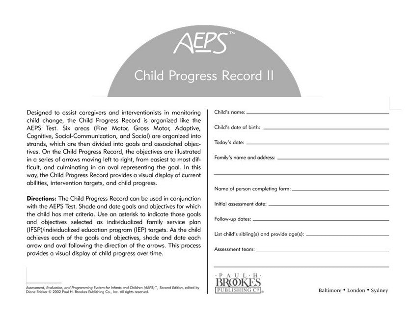 Assessment, Evaluation, and Programming System for Infants and Children (AEPS (R)) cover