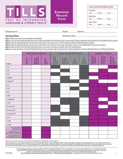 Test of Integrated Language and Literacy Skills (R) (TILLS (R)) Examiner Record Form cover
