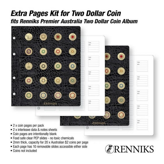 Renniks Premier Australia Refills Two Dollar Coin Album EXTRA PAGES: Refills for the Renniks Premier $2 album (pack of 2 pages)