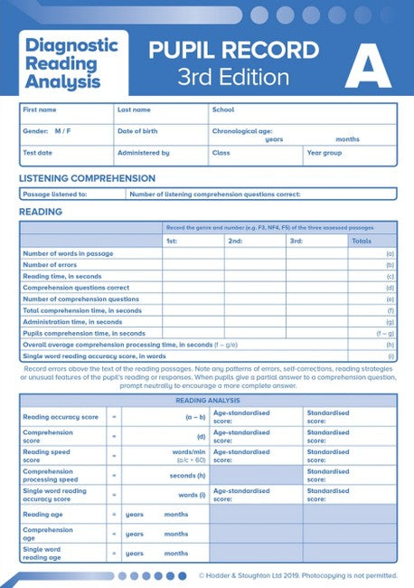 Diagnostic Reading Analysis Pupil Record Sheet A Pk 10 cover