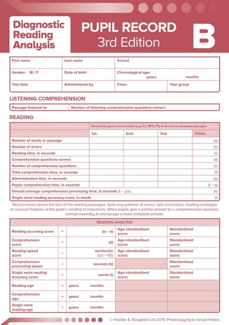 DRA Pupil Record Sheet B 3ED PK10 (Diagnostic Reading Analysis) cover