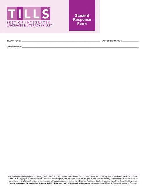 Test of Integrated Language and Literacy Skills (R) (TILLS (R)) Student Response Form cover