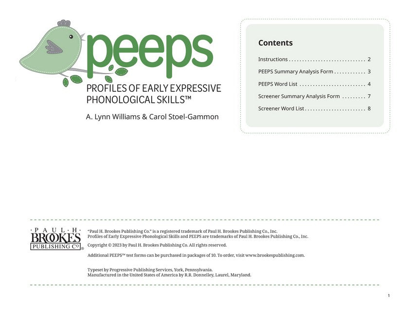 Profiles of Early Expressive Phonological Skills (PEEPS (TM)) Forms cover