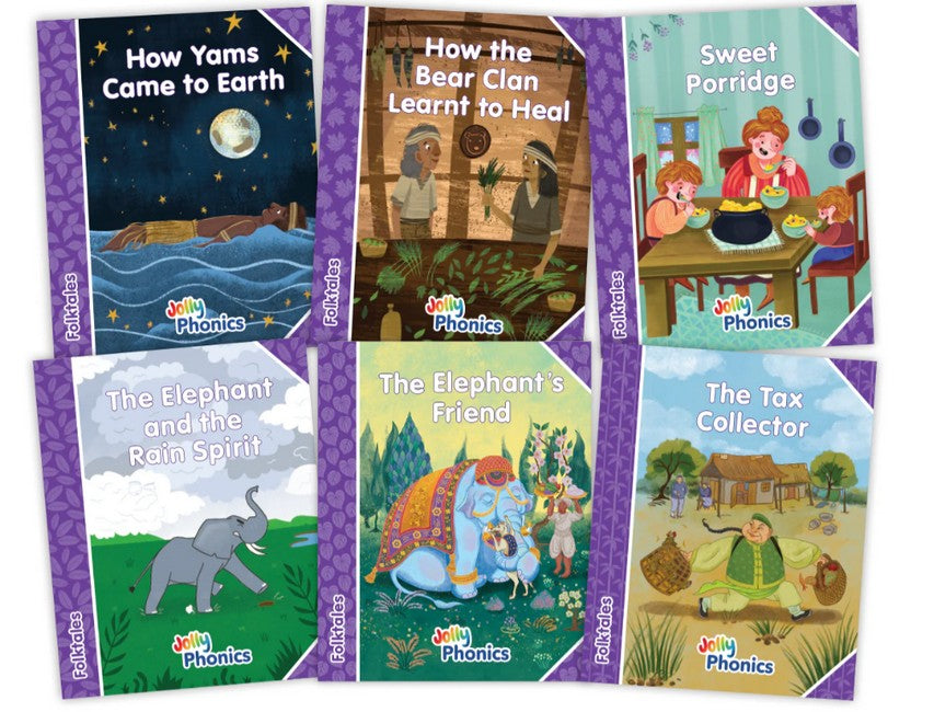 Jolly Phonics Folktales Purple Readers (Level 5) Complete Set (1-6) in Precursive Letters (British English Edition) cover