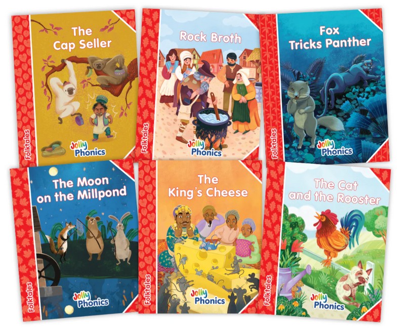 Jolly Phonics Folktales Red Readers (Level 1) Complete Set (1-6) in Precursive Letters (British English edition) cover