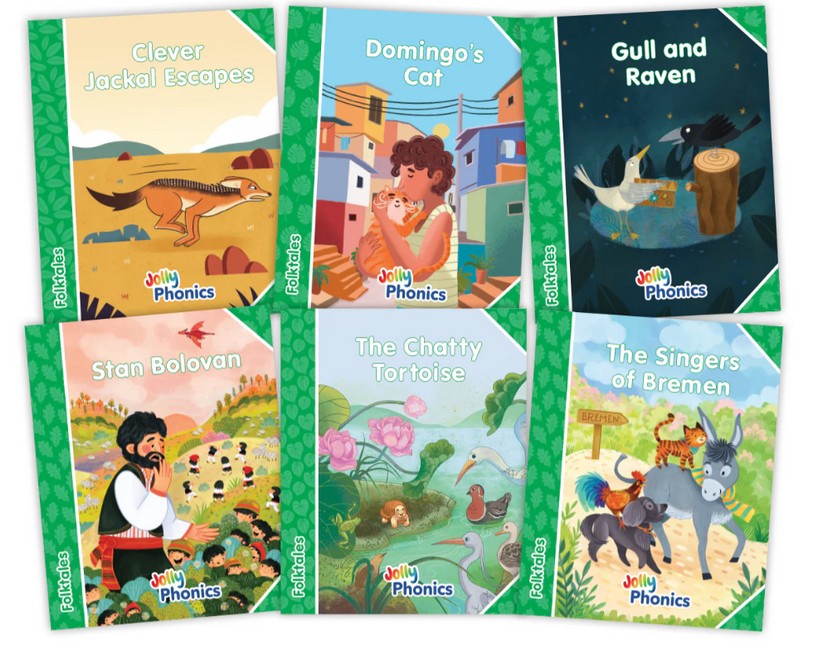 Jolly Phonics Folktales Green Readers (Level 3) Complete Set (1-6) in Precursive Letters (British English edition) cover