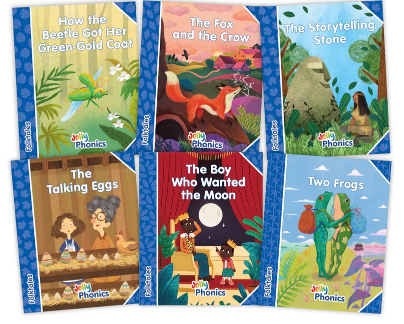 Jolly Phonics Folktales Blue Readers (Level 4) Complete Set (1-6) in Precursive Letters (British English Edition) cover