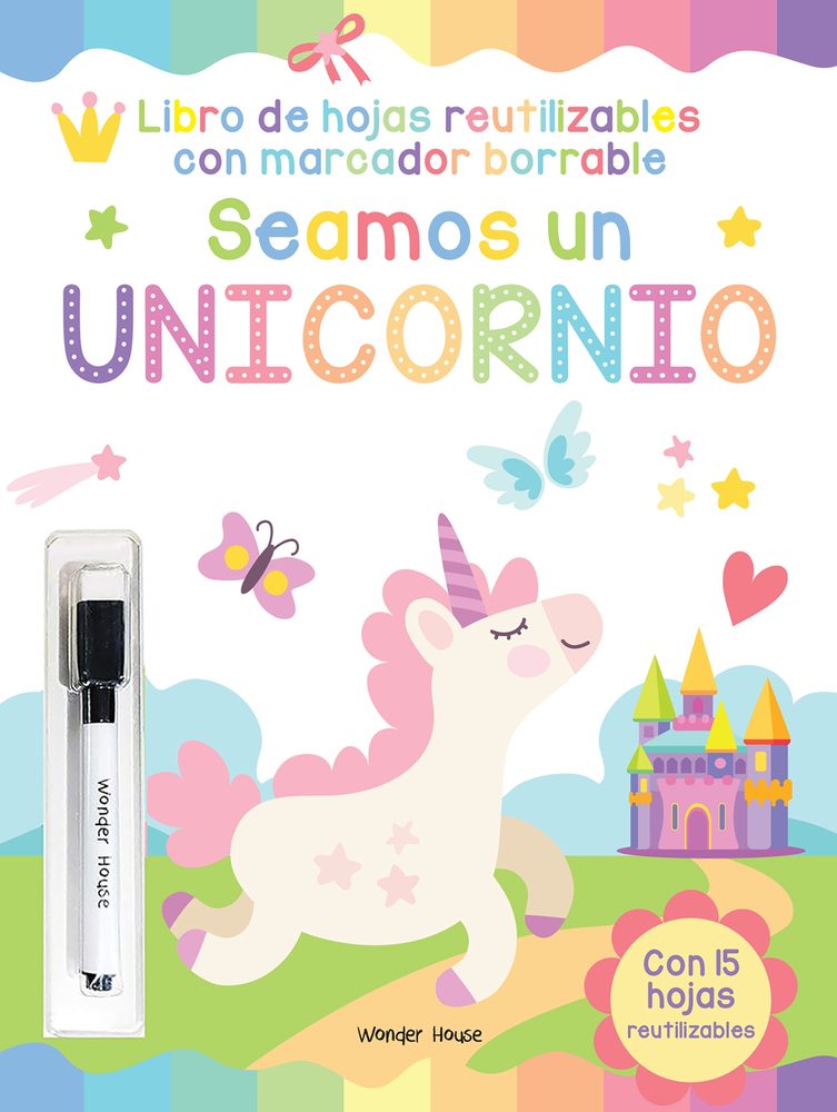 Reusable wipe and clean Let's be a Unicorn activity book - Spanish book cover